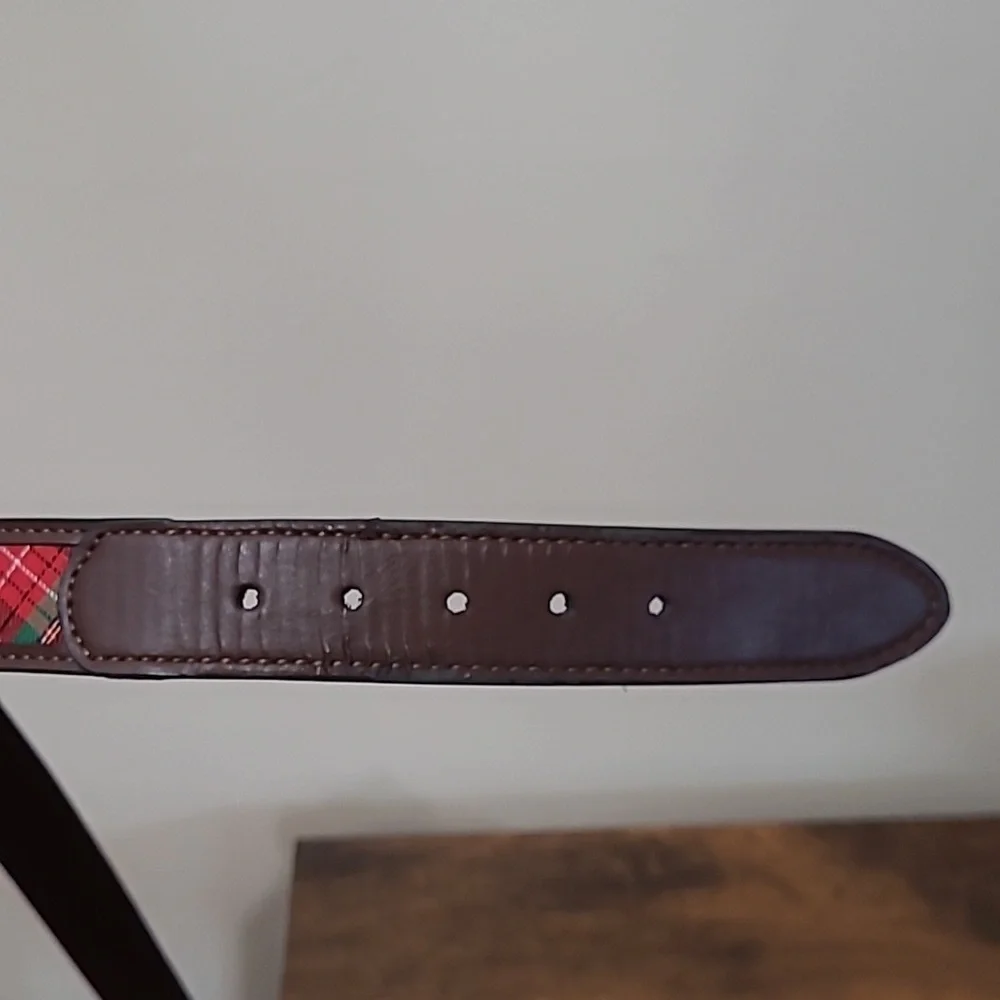 Brown Leather Belt with Red Plaid Pattern size Large 30-32